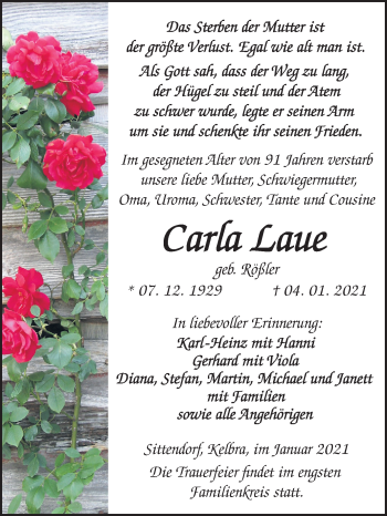Traueranzeige von Carla Laue von Super Sonntag Sangerhausen