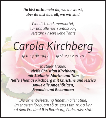 Traueranzeige von Carola Kirchberg von Super Sonntag Bernburg