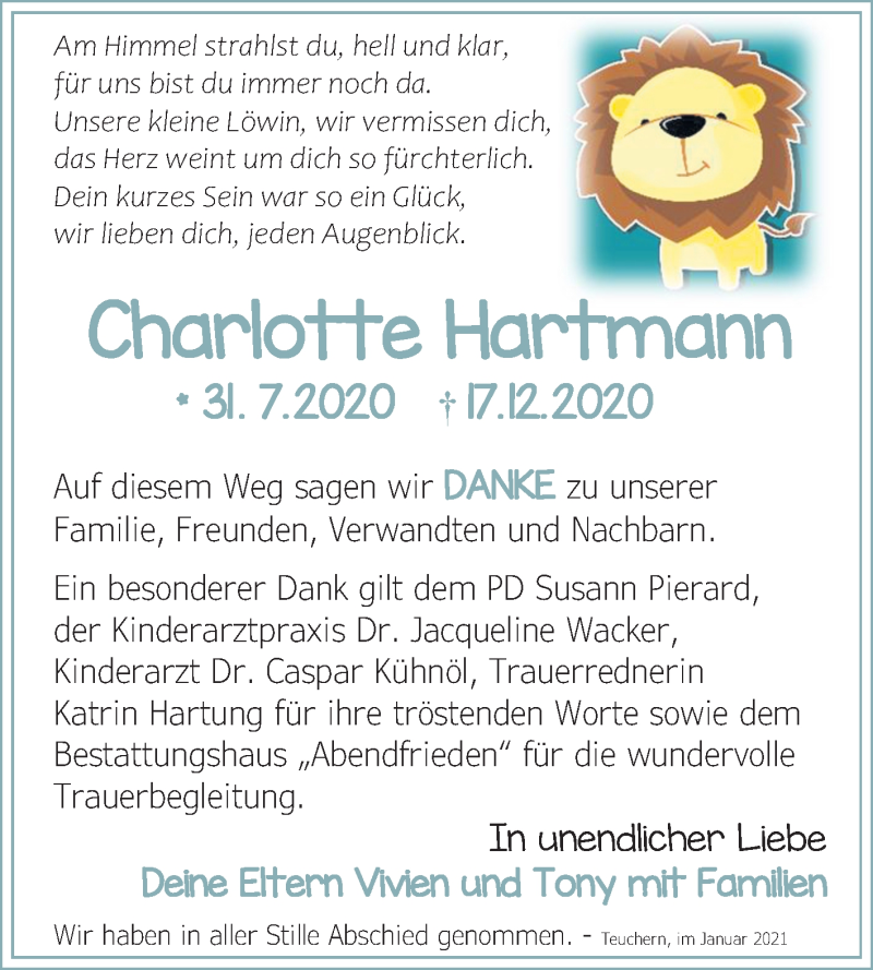  Traueranzeige für Charlotte Hartmann vom 09.01.2021 aus Mitteldeutsche Zeitung Weißenfels