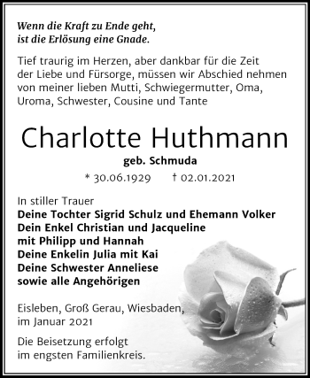 Traueranzeige von Charlotte Huthmann von Super Sonntag Mansfelder Land
