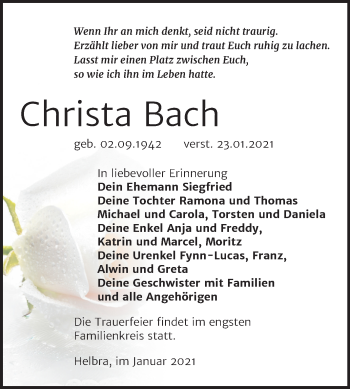 Traueranzeige von Christa Bach von Super Sonntag Mansfelder Land