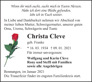 Traueranzeige von Christa Cleve von Mitteldeutsche Zeitung Sangerhausen
