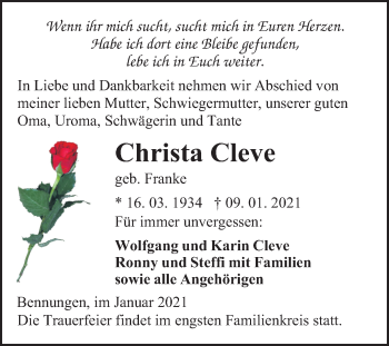 Traueranzeige von Christa Cleve von Super Sonntag Sangerhausen