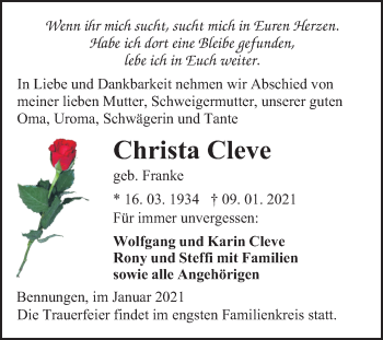 Traueranzeige von Christa Cleve von Super Sonntag Sangerhausen