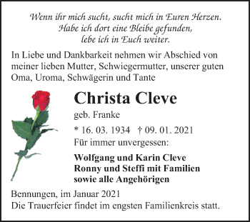 Traueranzeige von Christa Cleve von Mitteldeutsche Zeitung Sangerhausen