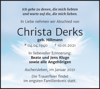 Traueranzeige von Christa Derks von Super Sonntag Aschersleben