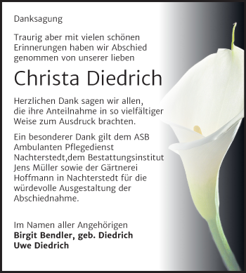 Traueranzeige von Christa Diedrich von Super Sonntag Aschersleben