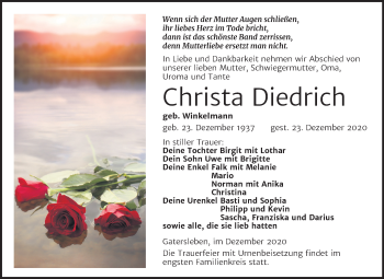 Traueranzeige von Christa Diedrich von Mitteldeutsche Zeitung Aschersleben