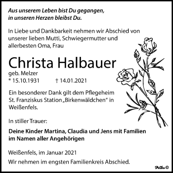 Traueranzeige von Christa Halbauer von Mitteldeutsche Zeitung Weißenfels