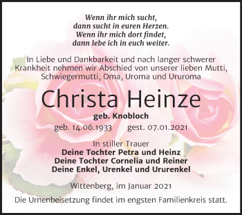 Traueranzeige von Christa Heinze von Super Sonntag Wittenberg