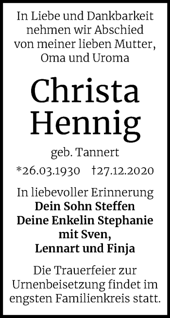Traueranzeige von Christa Hennig von Mitteldeutsche Zeitung Halle/Saalkreis