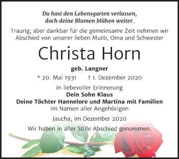 Traueranzeige von Christa Horn von Super Sonntag Weißenfels