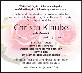 Traueranzeige von Christa Klaube von Super Sonntag Sangerhausen