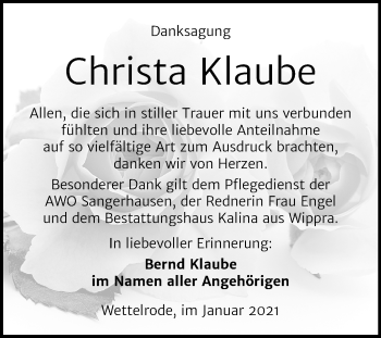 Traueranzeige von Christa Klaube von Super Sonntag Sangerhausen