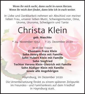 Traueranzeige von Christa Klein von Super Sonntag Zeitz