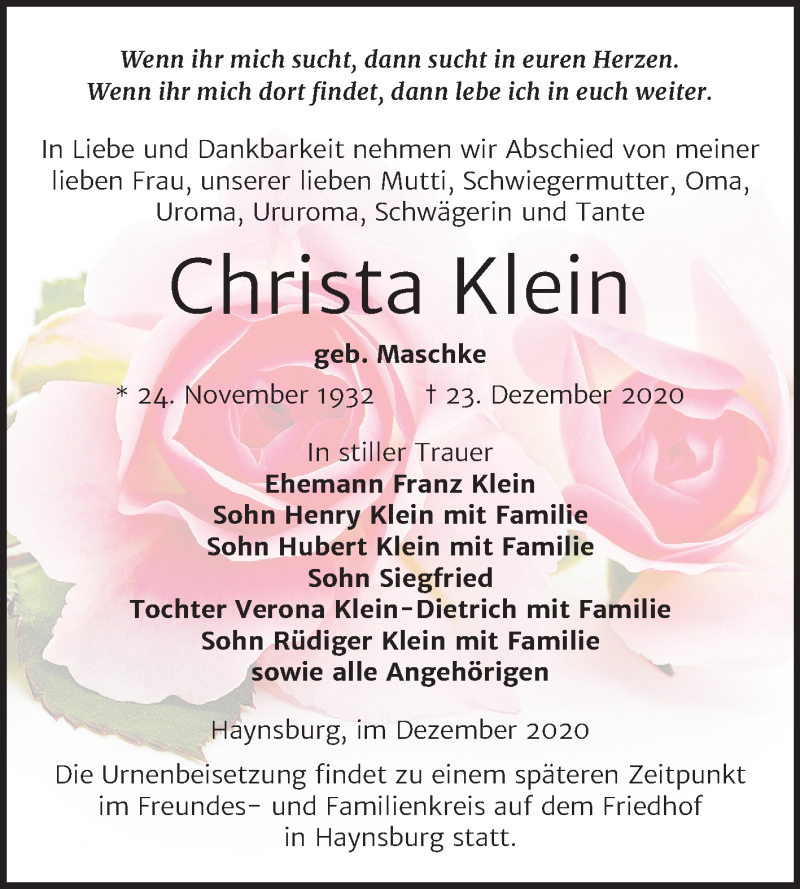  Traueranzeige für Christa Klein vom 09.01.2021 aus Super Sonntag Zeitz