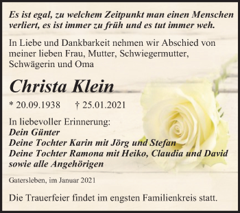 Traueranzeige von Christa Klein von Mitteldeutsche Zeitung Aschersleben