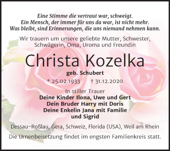 Traueranzeige von Christa Kozelka von Mitteldeutsche Zeitung Dessau-Roßlau