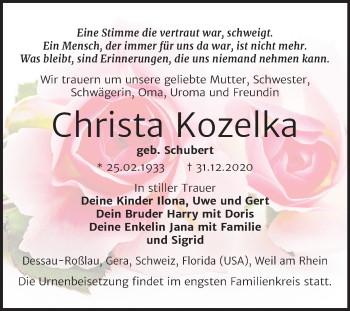 Traueranzeige von Christa Kozelka von Super Sonntag Dessau-Roßlau