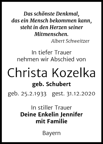 Traueranzeige von Christa Kozelka von Mitteldeutsche Zeitung Dessau-Roßlau