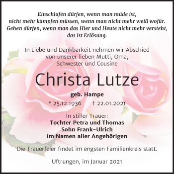 Traueranzeige von Christa Lutze von Super Sonntag Sangerhausen