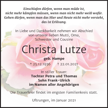 Traueranzeige von Christa Lutze von Mitteldeutsche Zeitung Sangerhausen