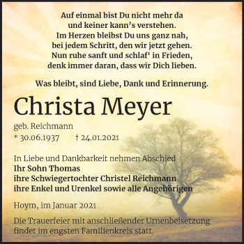 Traueranzeige von Christa Meyer von Mitteldeutsche Zeitung Aschersleben