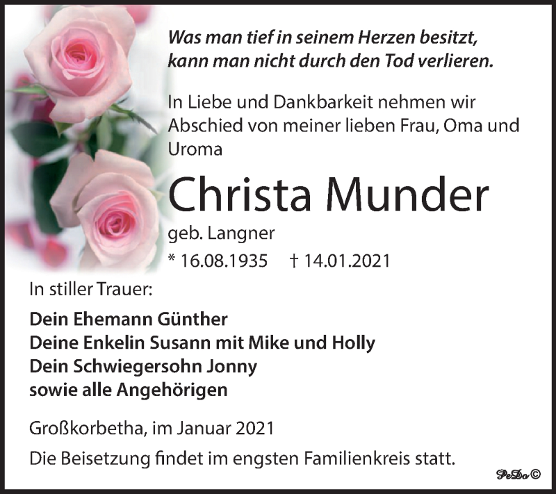  Traueranzeige für Christa Munder vom 23.01.2021 aus Super Sonntag Weißenfels