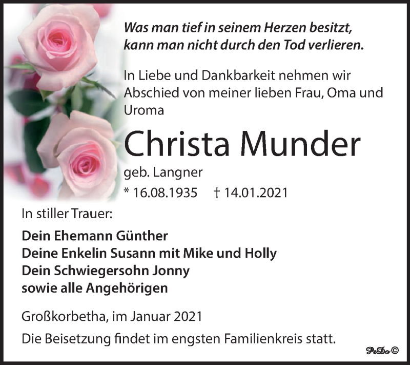  Traueranzeige für Christa Munder vom 23.01.2021 aus Mitteldeutsche Zeitung Weißenfels