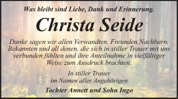 Traueranzeige von Christa Seide von Super Sonntag Wittenberg