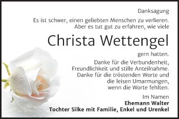 Traueranzeige von Christa Wettengel von Mitteldeutsche Zeitung Mansfelder Land