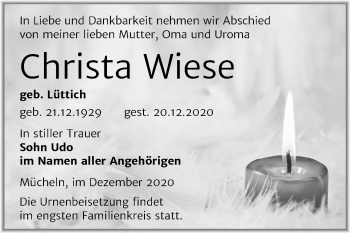 Traueranzeige von Christa Wiese von Mitteldeutsche Zeitung Merseburg/Querfurt