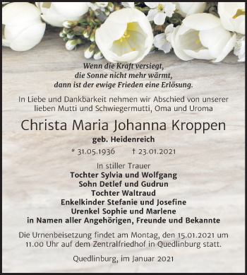 Traueranzeige von Christa Maria Johanna Kroppen von Mitteldeutsche Zeitung Quedlinburg