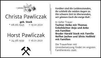 Traueranzeige von Christa und Horst Pawliczak von Super Sonntag Bernburg