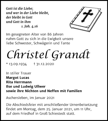 Traueranzeige von Christel Grandt von Super Sonntag Aschersleben