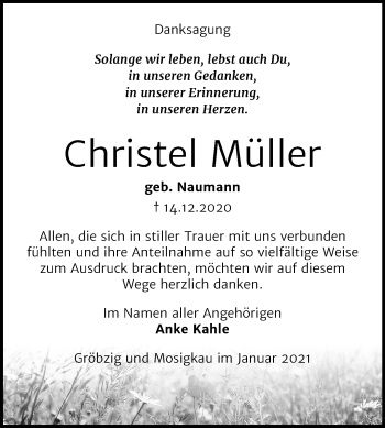 Traueranzeige von Christel Müller von Super Sonntag Köthen