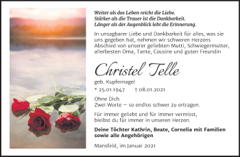 Traueranzeige von Christel Telle von Mitteldeutsche Zeitung Mansfelder Land