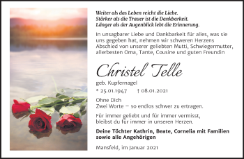 Traueranzeige von Christel Telle von Super Sonntag Mansfelder Land