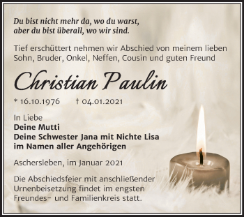 Traueranzeige von Christian Paulin von Mitteldeutsche Zeitung Aschersleben