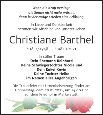 Traueranzeige von Christiane Barthel von Mitteldeutsche Zeitung Bitterfeld