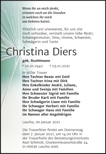 Traueranzeige von Christina Diers von Mitteldeutsche Zeitung Naumburg/Nebra