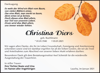 Traueranzeige von Christina Diers von Mitteldeutsche Zeitung Naumburg/Nebra