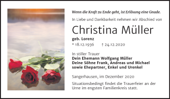 Traueranzeige von Christina Müller von Super Sonntag Sangerhausen