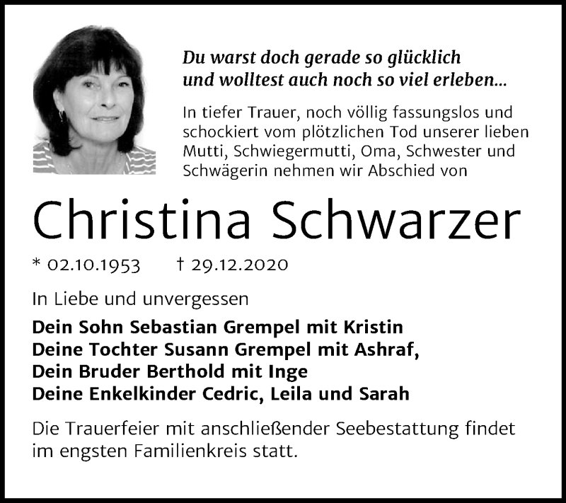  Traueranzeige für Christina Schwarzer vom 16.01.2021 aus Super Sonntag Wittenberg