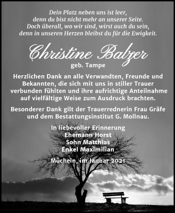 Traueranzeige von Christine Balzer von Mitteldeutsche Zeitung Merseburg/Querfurt
