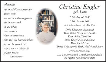 Traueranzeige von Christine Engler von Mitteldeutsche Zeitung Aschersleben