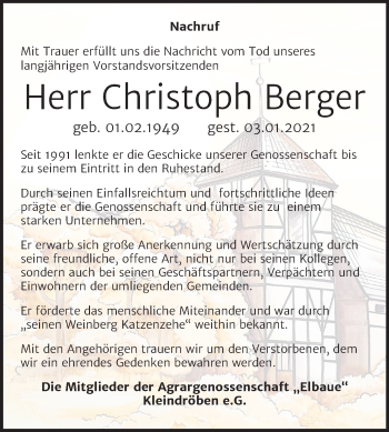 Traueranzeige von Christoph Berger von Super Sonntag Wittenberg