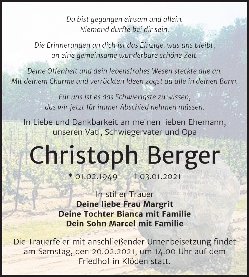  Traueranzeige für Christoph Berger vom 09.01.2021 aus Super Sonntag Wittenberg