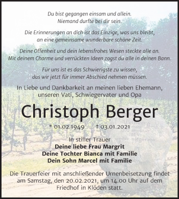 Traueranzeige von Christoph Berger von Mitteldeutsche Zeitung Wittenberg