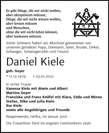 Traueranzeige von Daniel Kiele von Mitteldeutsche Zeitung Mansfelder Land / Sangerhausen
